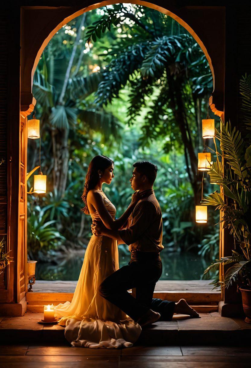 A serene Thai landscape at sunset, featuring a beautiful couple exploring their intimacy in a traditional Thai setting, surrounded by lush tropical greenery, soft candlelight, and traditional Thai motifs. Emphasize a sense of love and connection, with subtle hints of eroticism through body language and gestures. A warm, inviting color palette enhances the romantic ambiance. super-realistic. vibrant colors. soft focus.