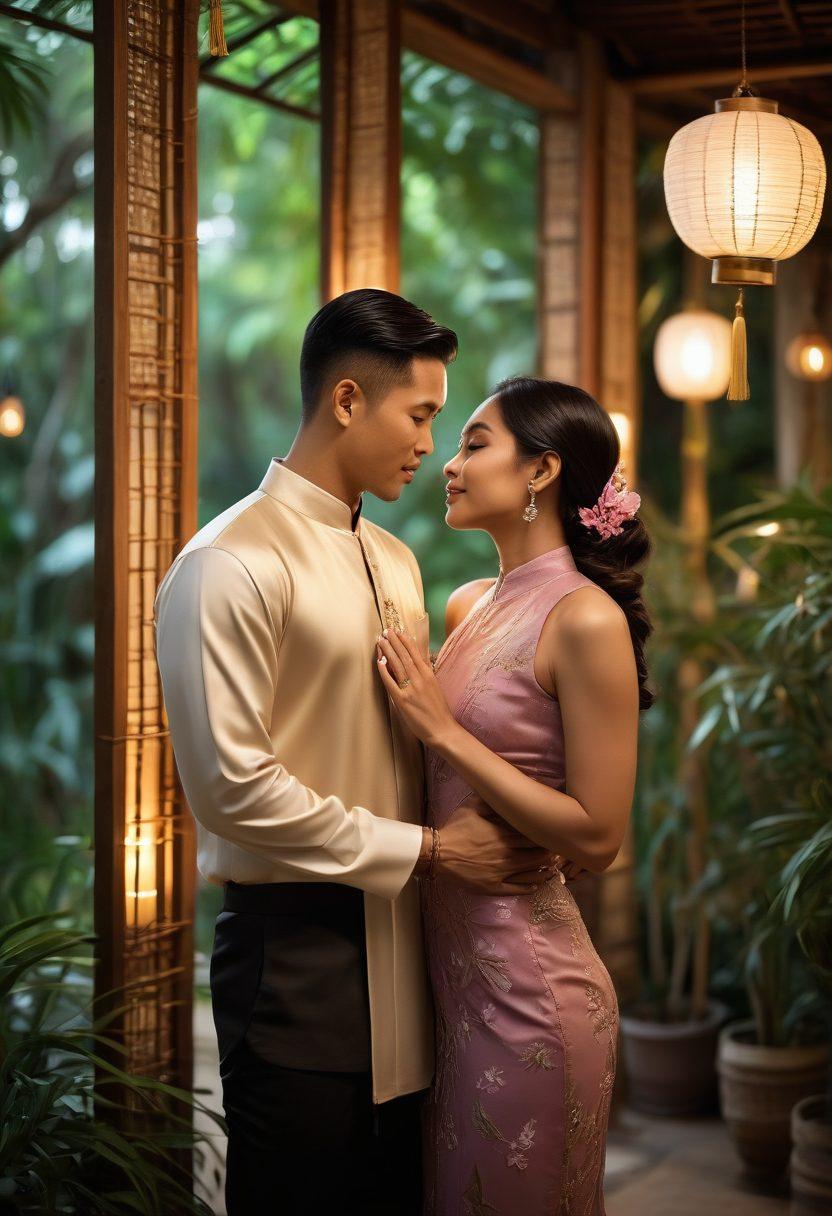 A serene Thai setting with a lush tropical backdrop featuring a couple engaged in an intimate moment, surrounded by traditional Thai decor including lanterns and bamboo. The couple, dressed in elegant Thai attire, sharing a passionate gaze, evoking a sense of deep connection and romance. Soft, warm lighting enhances the ambiance, creating a dreamy atmosphere filled with fragrances of jasmine and orchids. super-realistic. vibrant colors. 3D.
