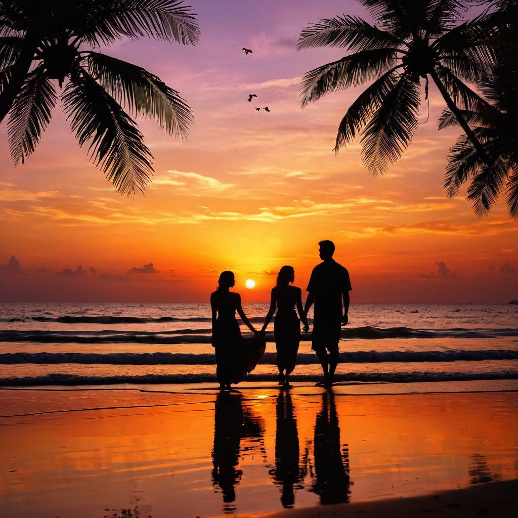 A serene beach scene in Thailand, depicting a couple enjoying a romantic sunset with vibrant colors reflecting off the water. Include elements of tropical foliage and a soft breeze creating a sensual atmosphere. In the foreground, subtle silhouettes of heart shapes suggest connection and pleasure. The overall mood should be warm and inviting, enhancing intimacy. super-realistic. vibrant colors. tropical ambience.